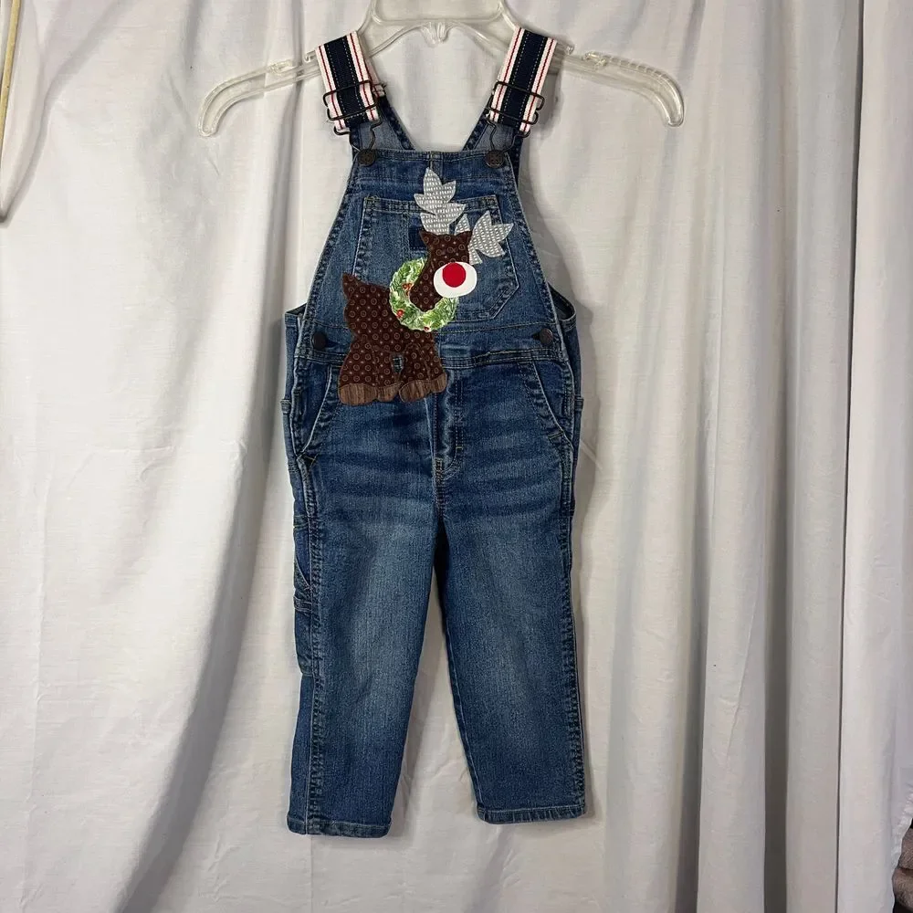 OshKosh denim overall applique Christmas reindeer custom embroidered Unisex‎ 2t